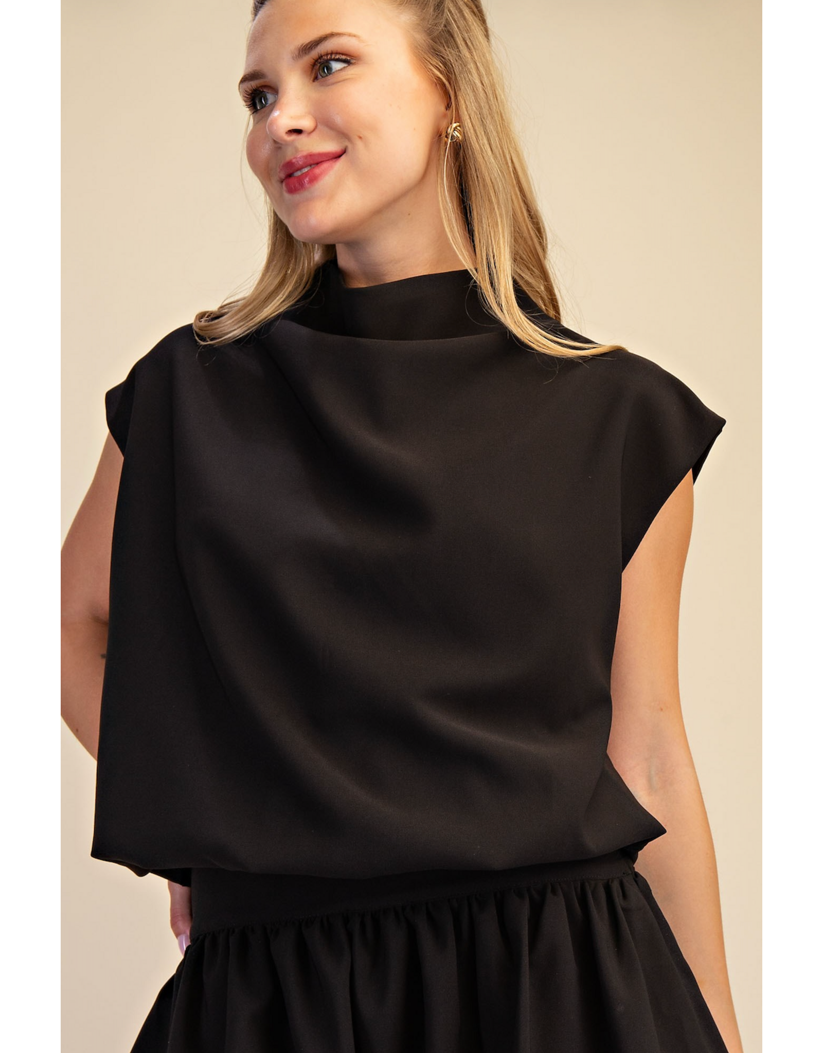 glam Mock Neck Balloon Top (Black)
