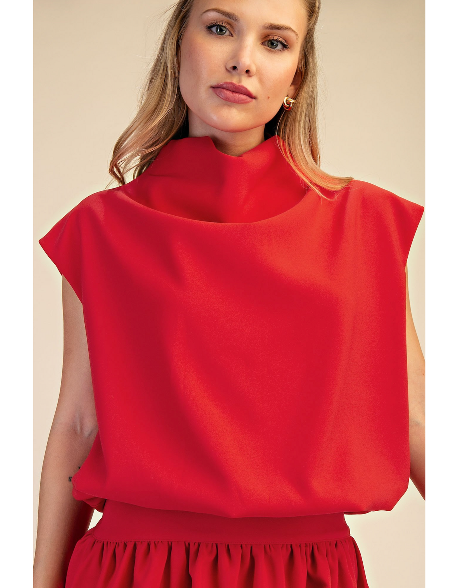 glam Mock Neck Balloon Top (Red)