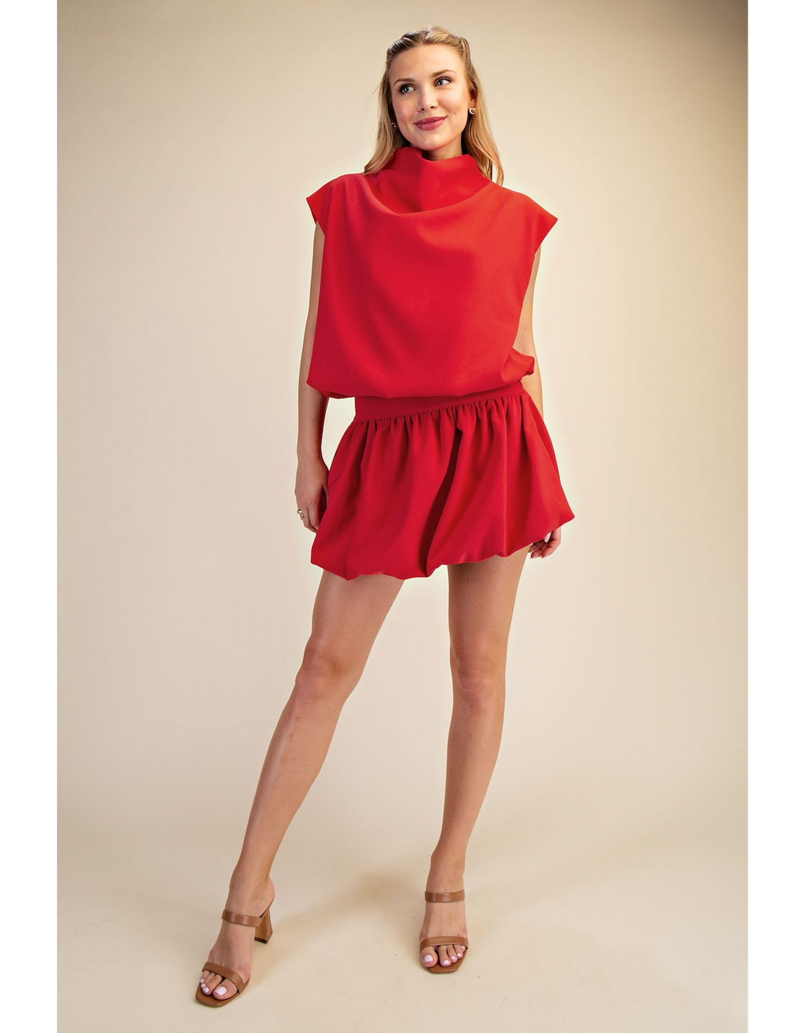glam Mock Neck Balloon Top (Red)