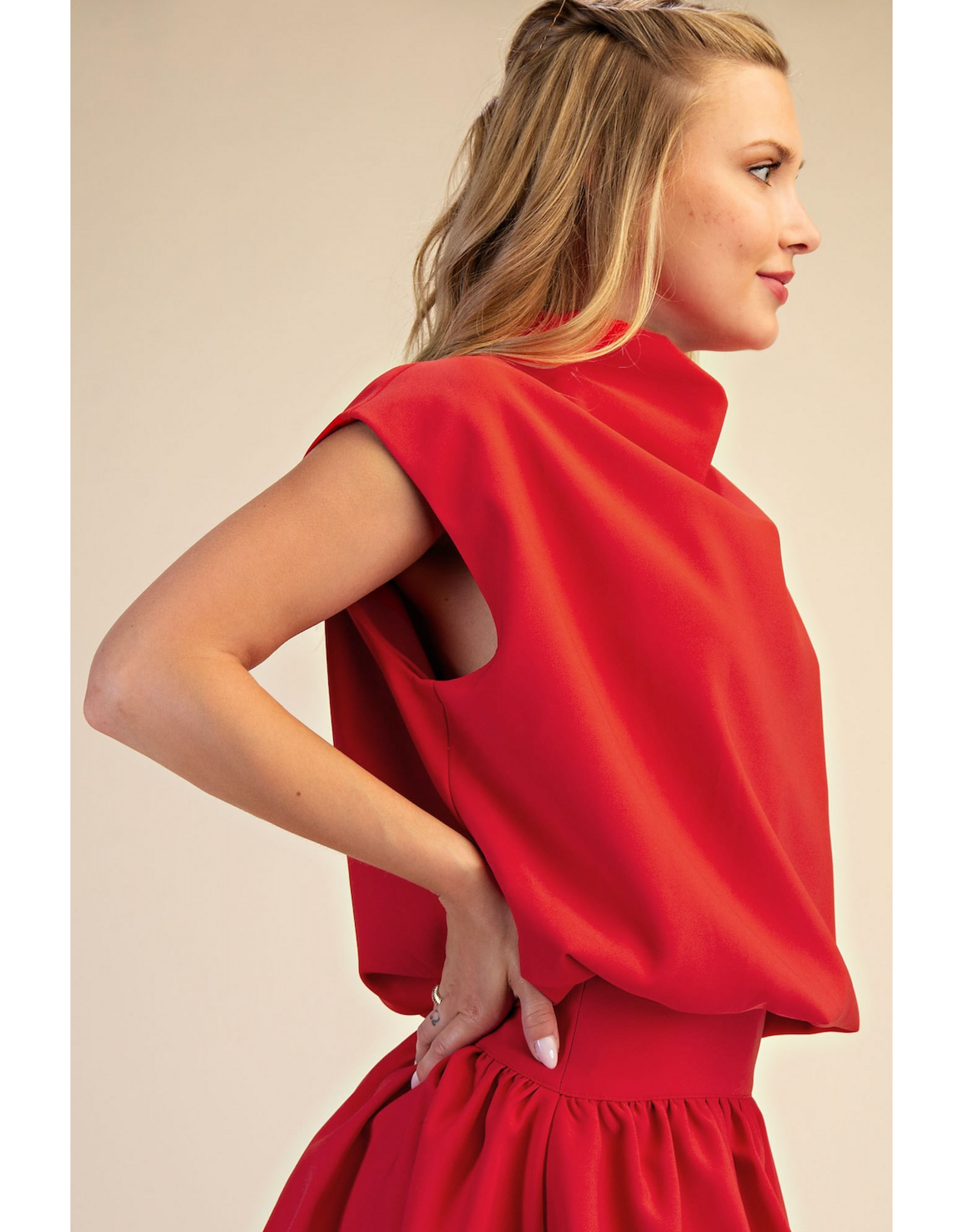 glam Mock Neck Balloon Top (Red)