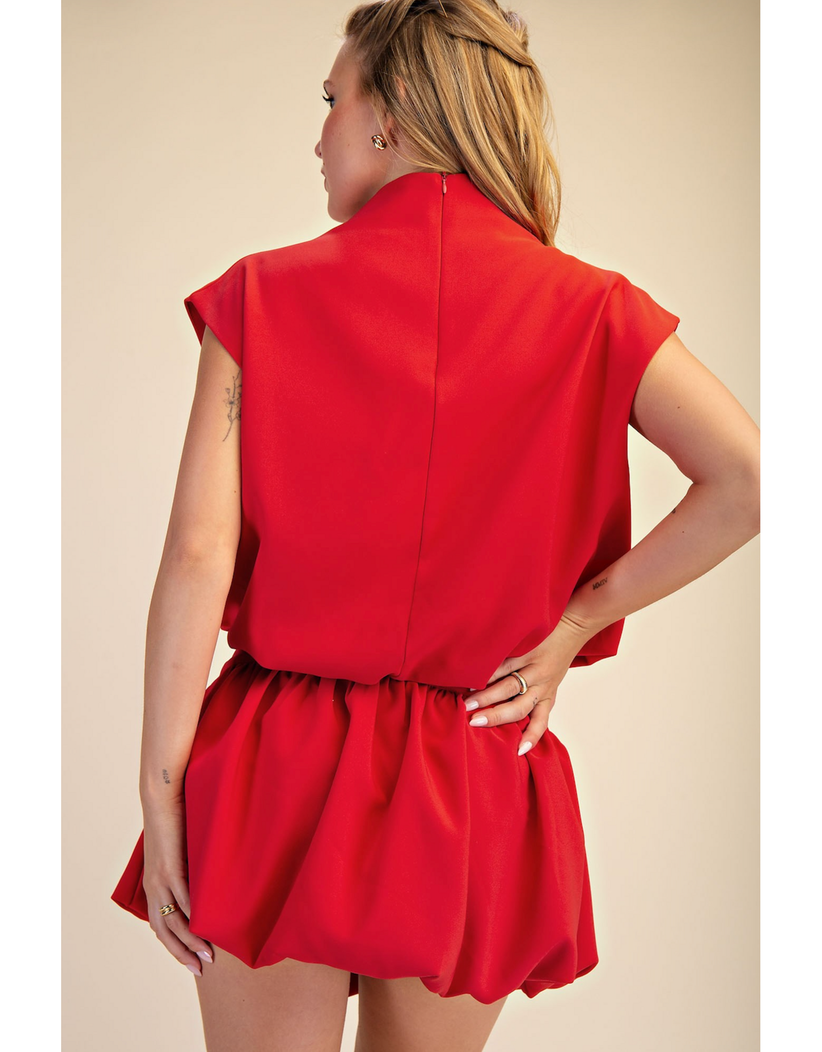 glam Mock Neck Balloon Top (Red)