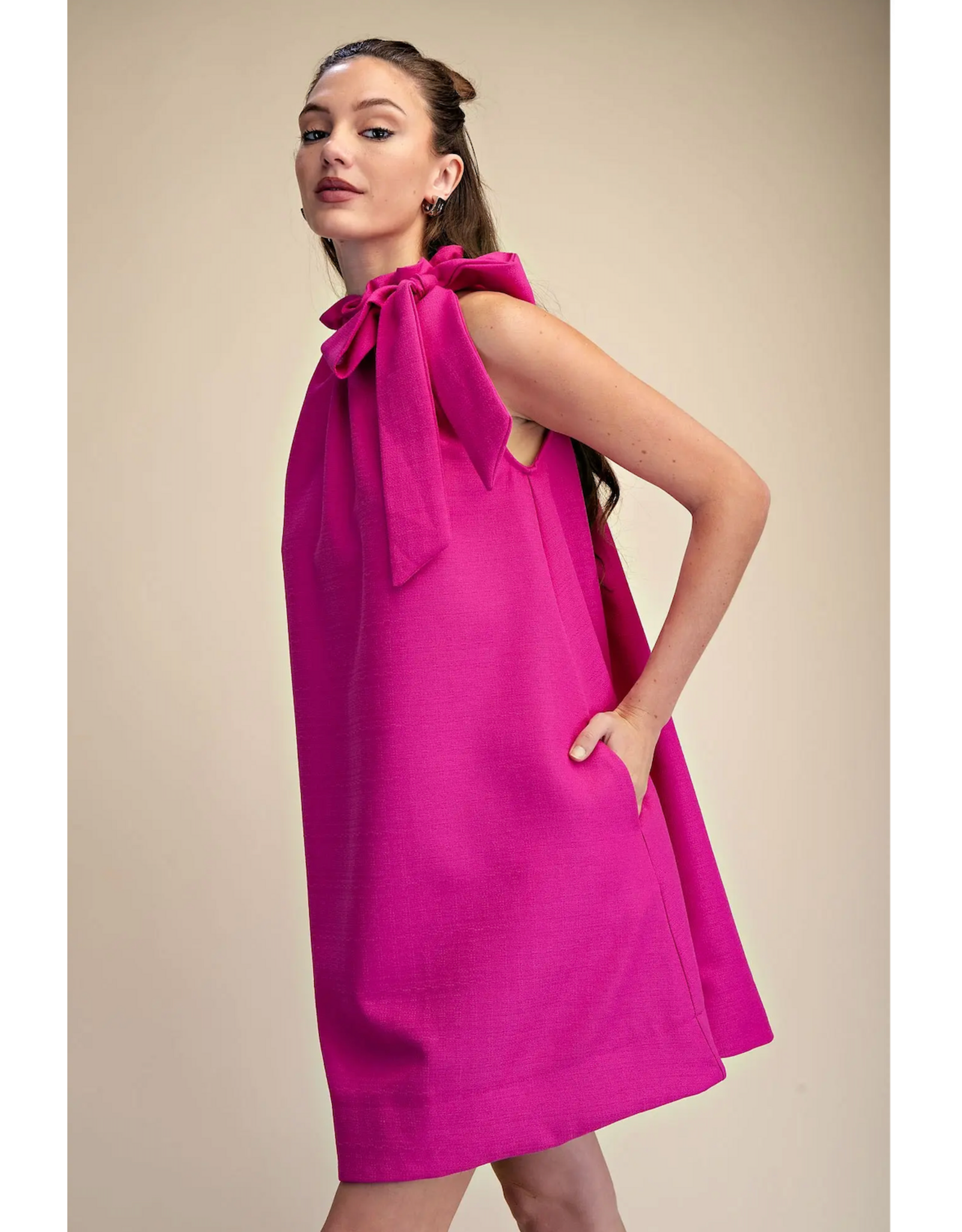 glam Tie Round Ruffle Neck Sleeveless Mini Dress (Magenta)
