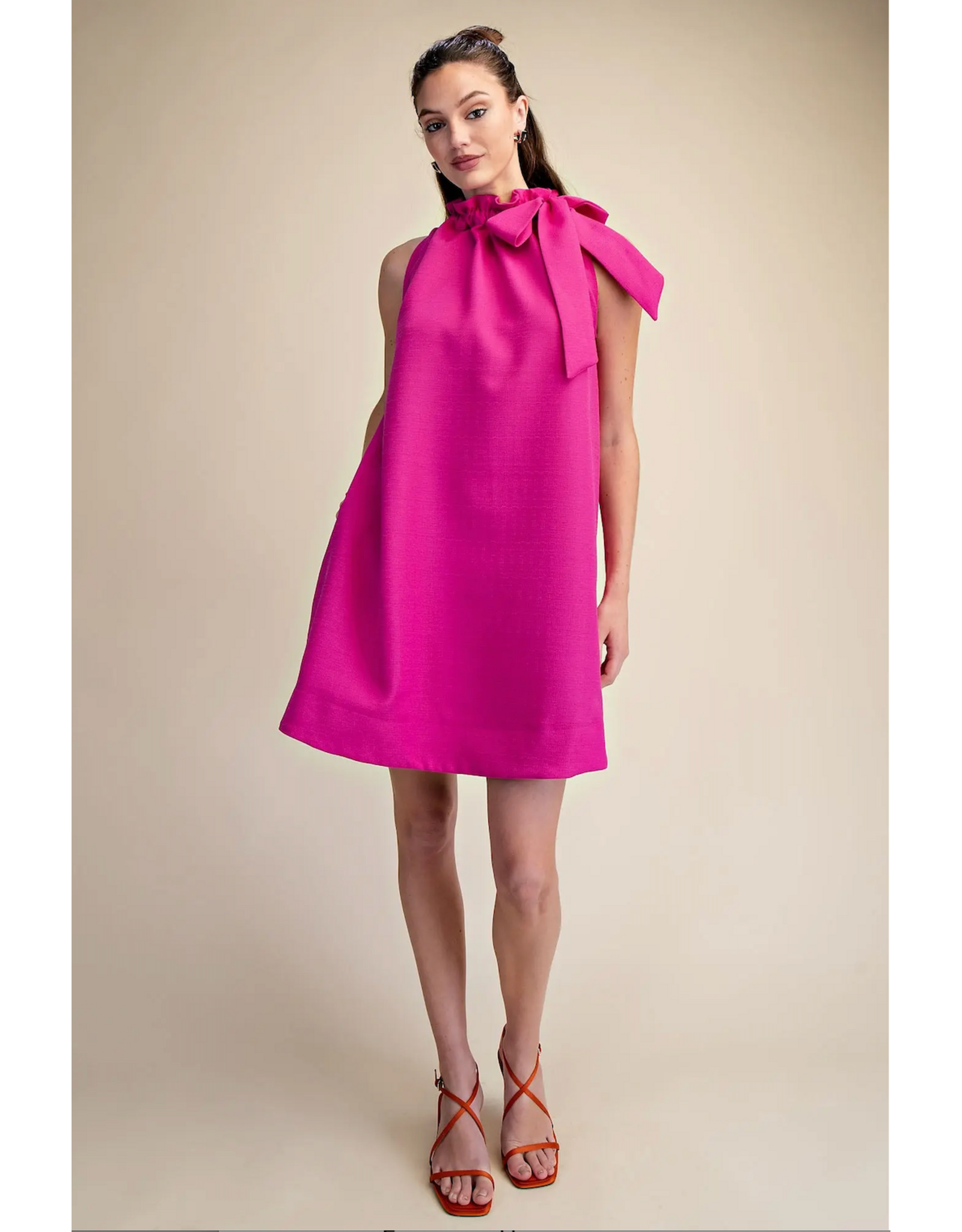 glam Tie Round Ruffle Neck Sleeveless Mini Dress (Magenta)