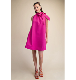 glam Tie Round Ruffle Neck Sleeveless Mini Dress (Magenta)