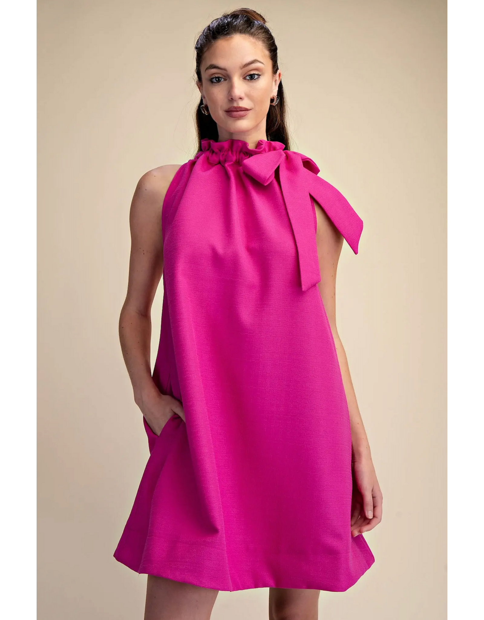 glam Tie Round Ruffle Neck Sleeveless Mini Dress (Magenta)