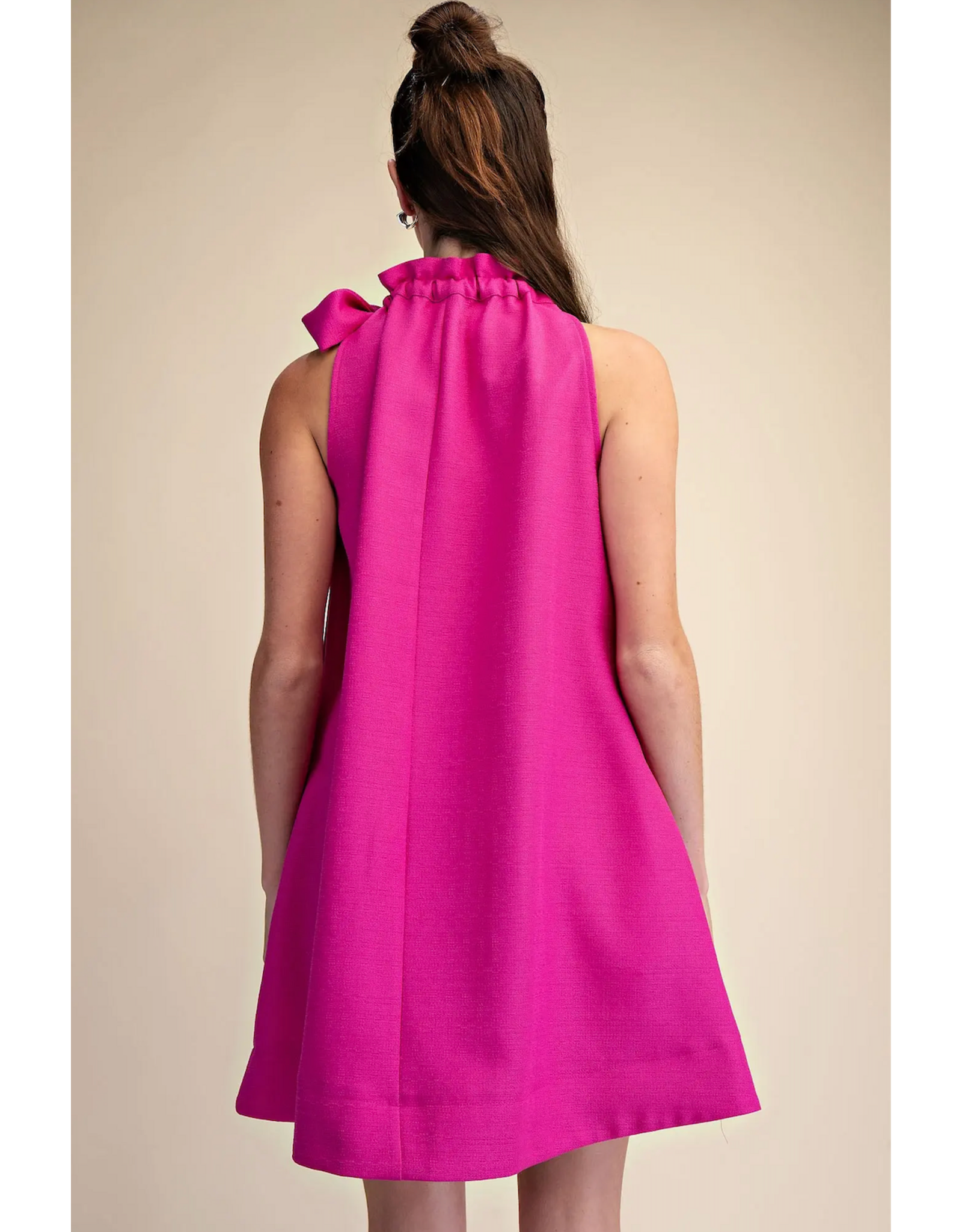 glam Tie Round Ruffle Neck Sleeveless Mini Dress (Magenta)