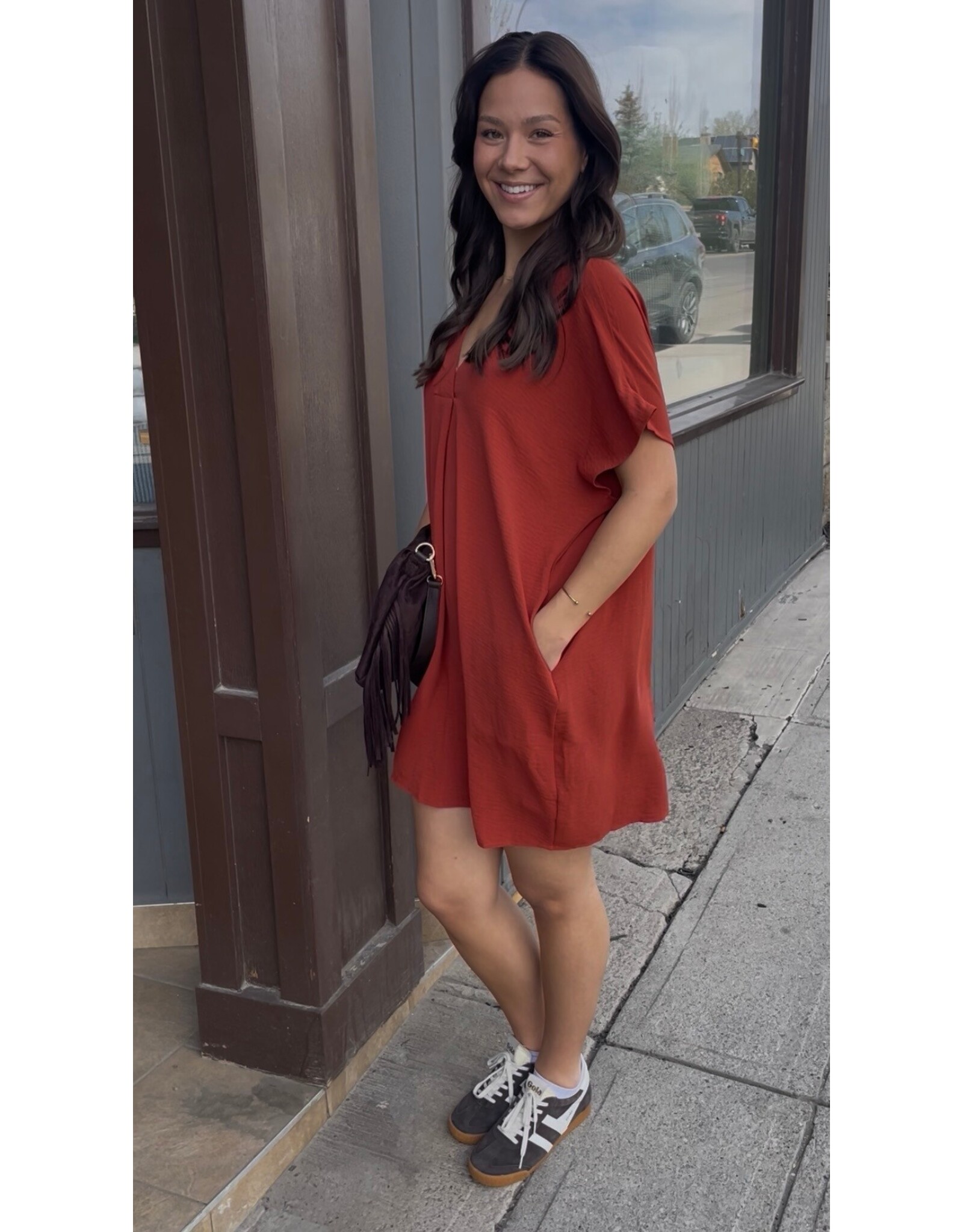 ee:some V Neck Dress with Pockets (Rust)