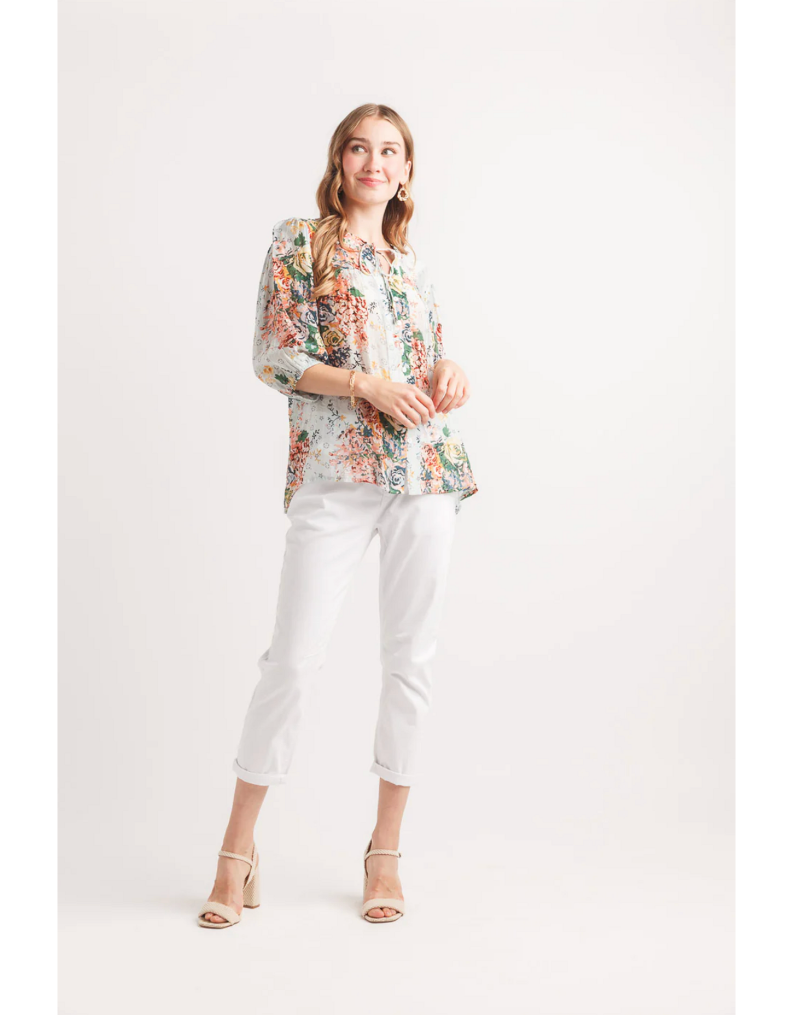Papillon Papillon - 3/4 Sleeve Vintage Floral Print Top (Blue)