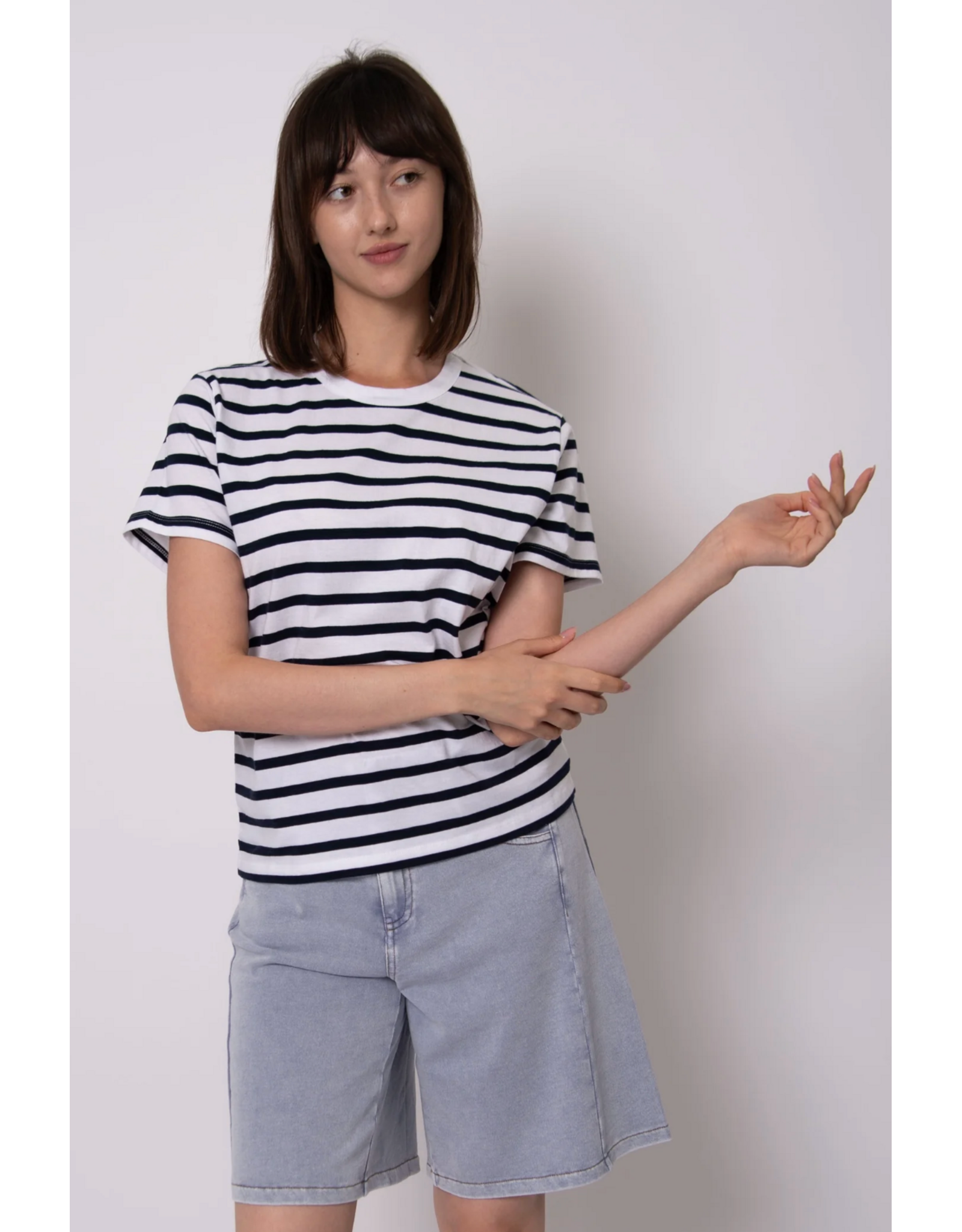 RD Style RD Style - Short Sleeve Crewneck Stripe Top (Winter White/Olive)
