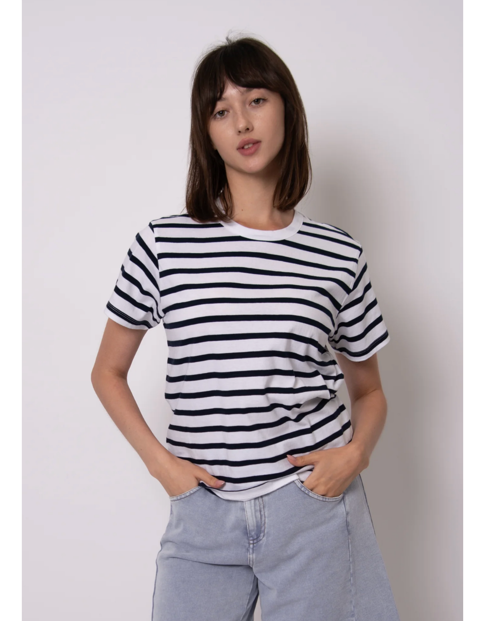 RD Style RD Style - Short Sleeve Crewneck Stripe Top (Winter White/Olive)