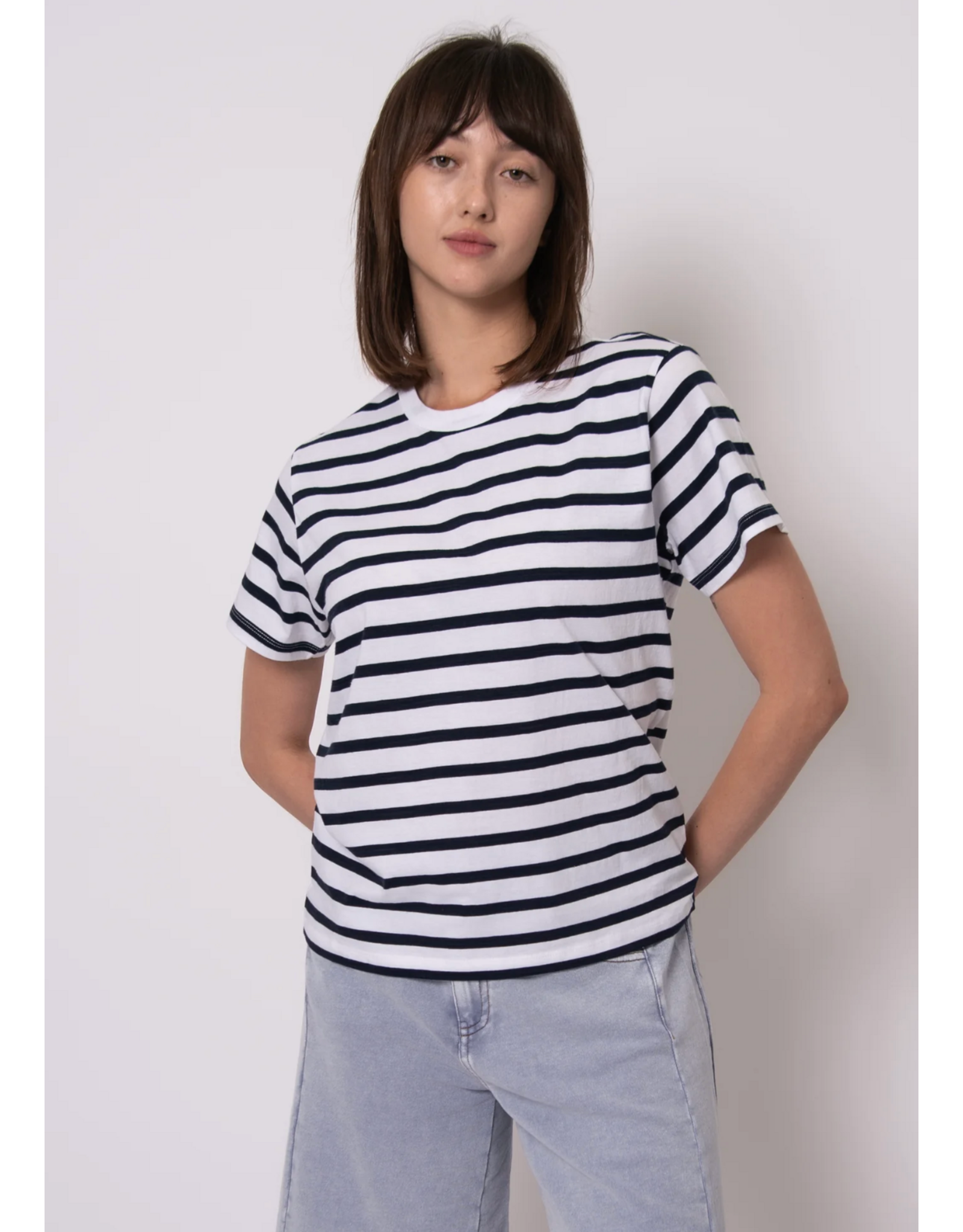 RD Style RD Style - Short Sleeve Crewneck Stripe Top (Winter White/Olive)