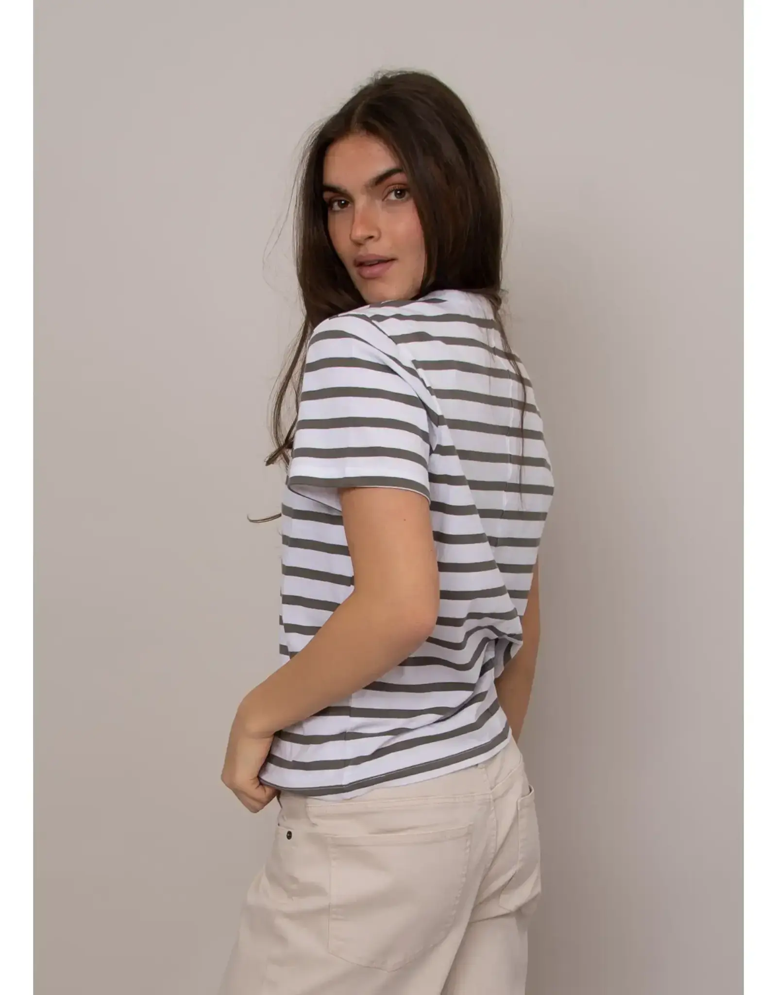 RD Style RD Style - Short Sleeve Crewneck Stripe Top (Winter White/Olive)