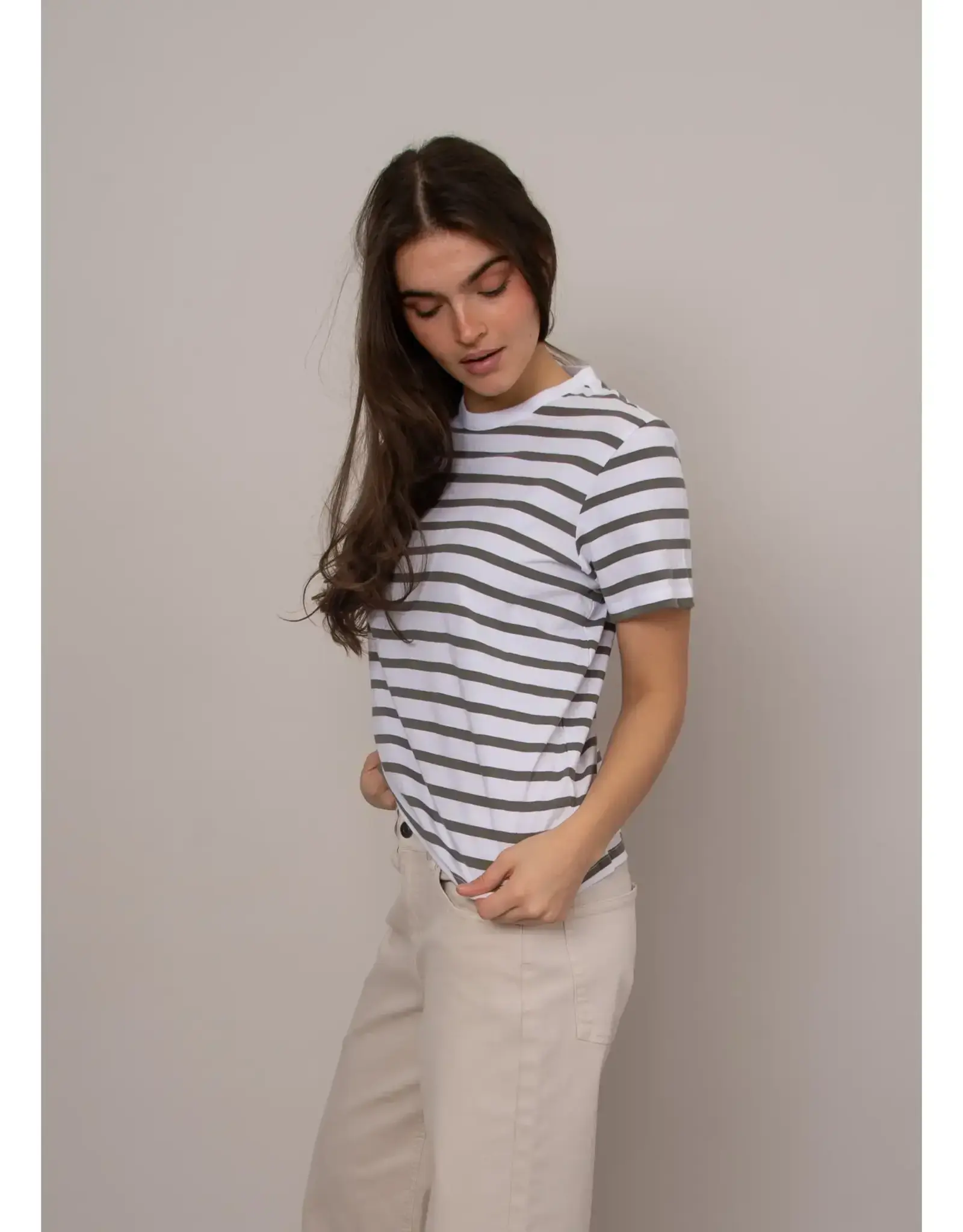RD Style RD Style - Short Sleeve Crewneck Stripe Top (Winter White/Olive)