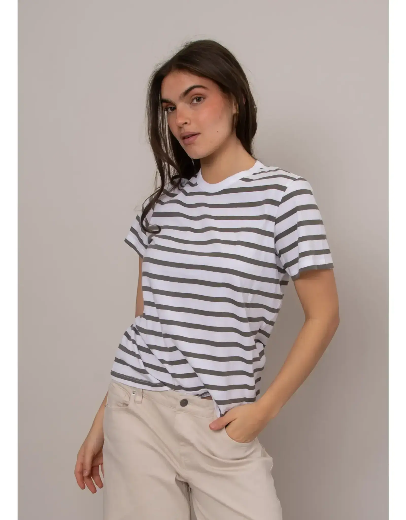 RD Style RD Style - Short Sleeve Crewneck Stripe Top (Winter White/Olive)