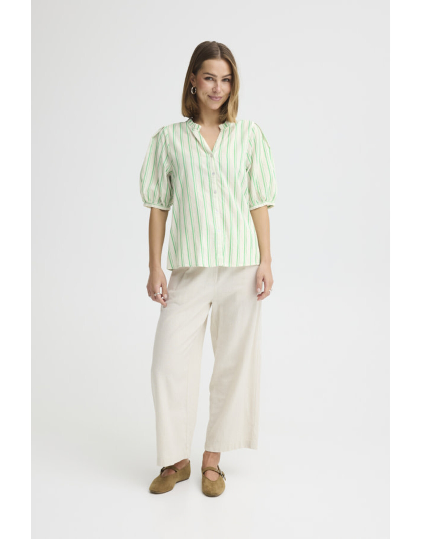 ICHI ICHI - Jovil Striped Short Sleeve Button Up (Greenbriar)