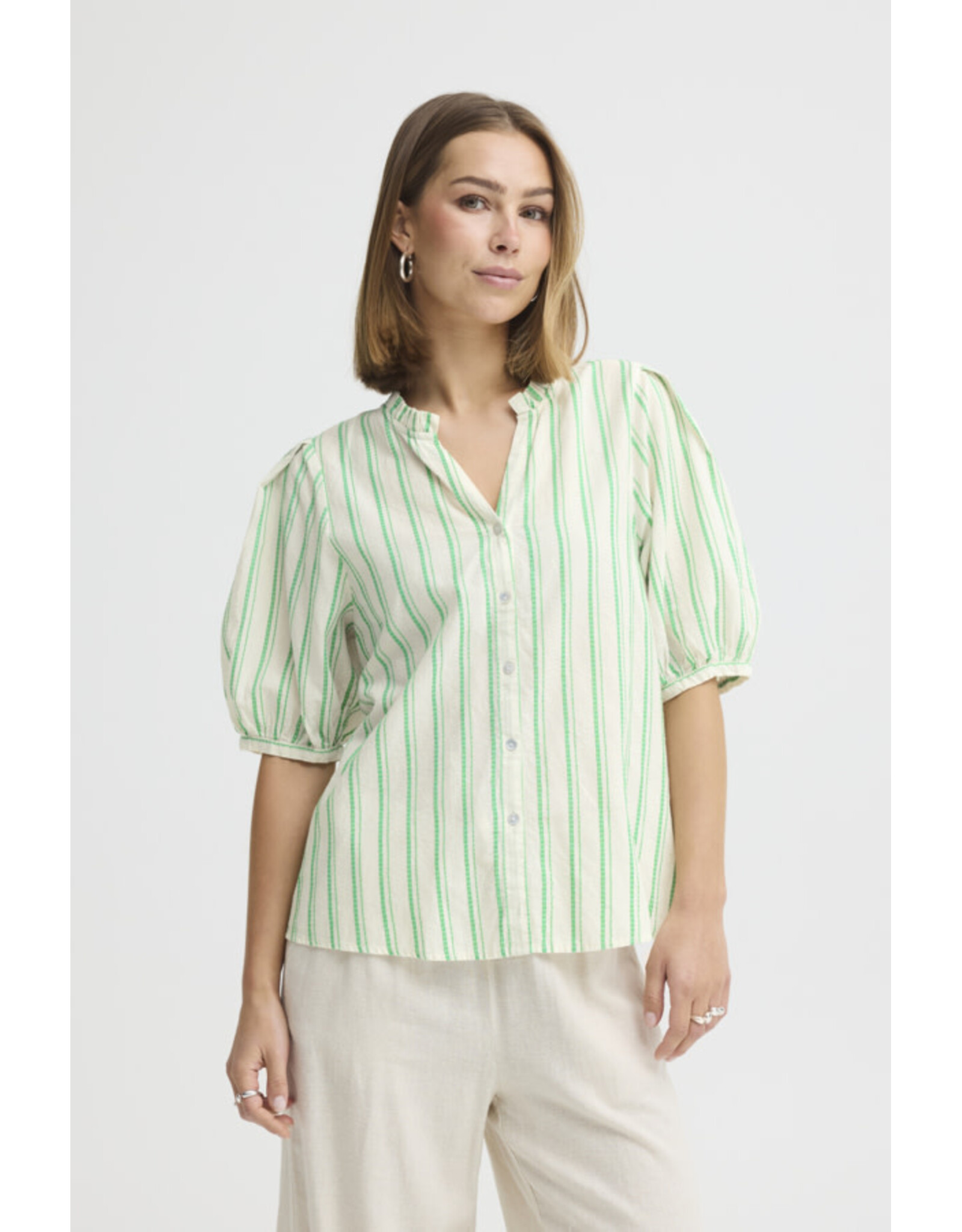 ICHI ICHI - Jovil Striped Short Sleeve Button Up (Greenbriar)
