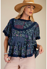 Easel Patchwork Printed Gauze Poncho Trip (Blueberry)