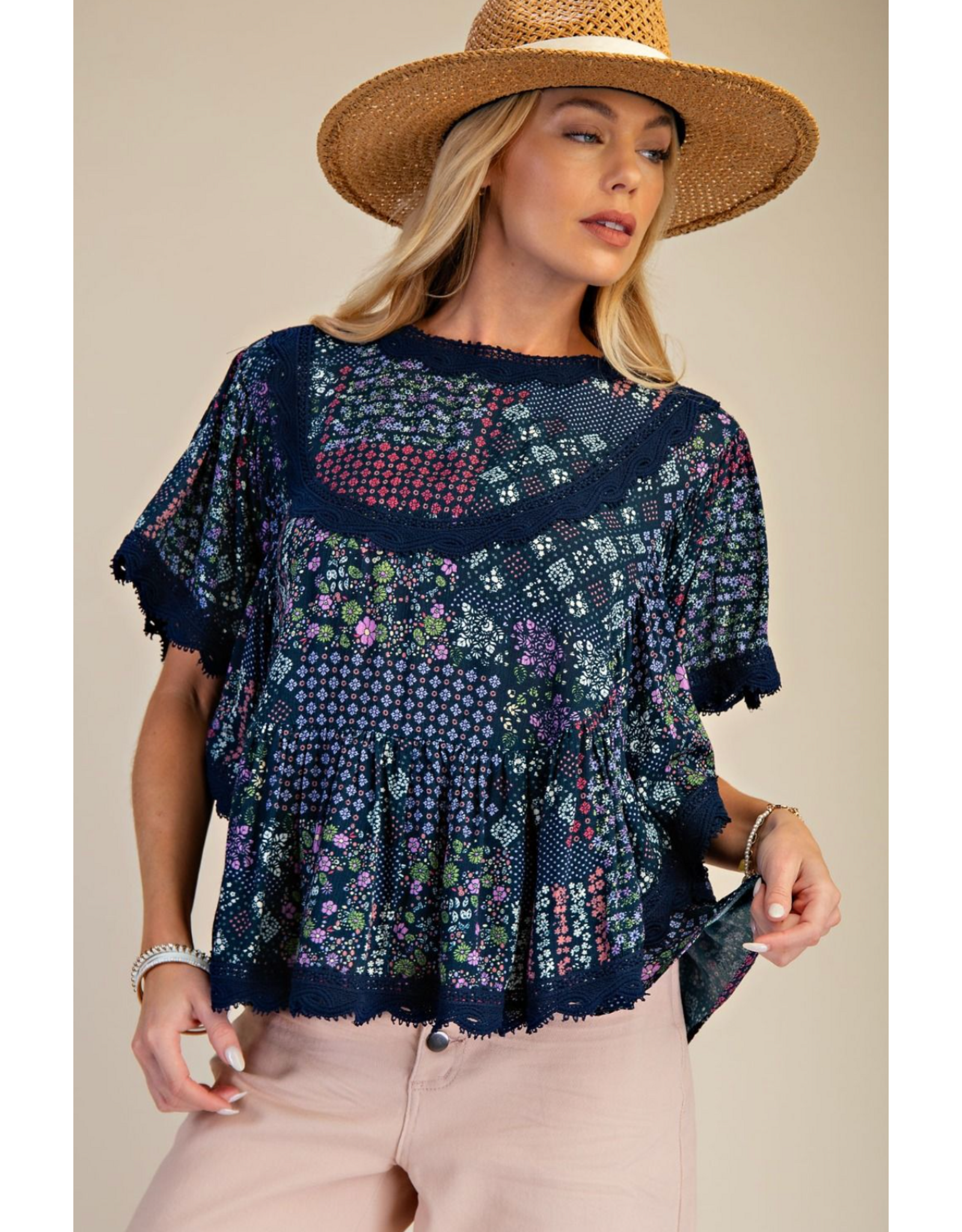 Easel Patchwork Printed Gauze Poncho Trip (Blueberry)