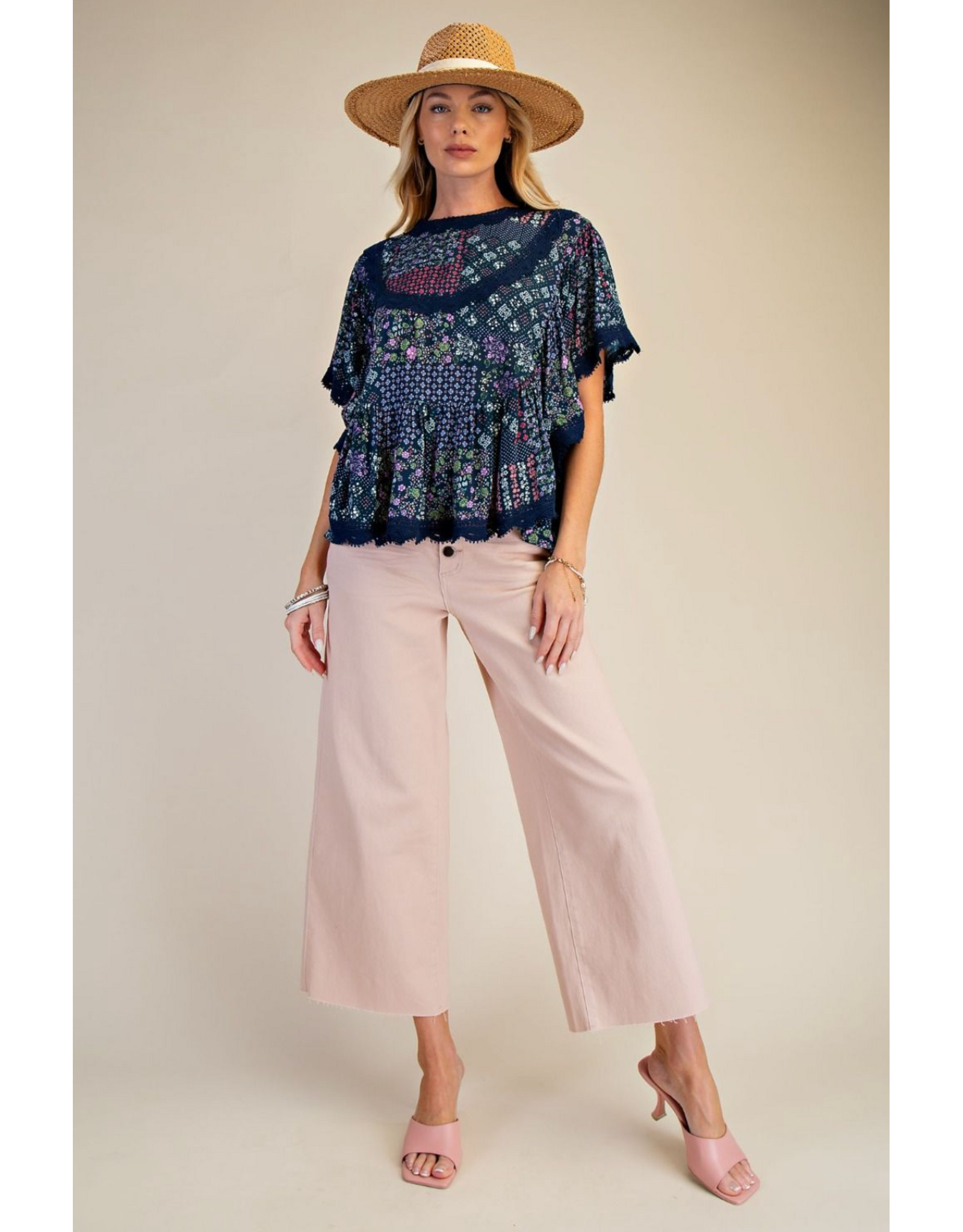 Easel Patchwork Printed Gauze Poncho Trip (Blueberry)