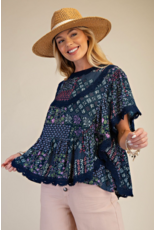 Easel Patchwork Printed Gauze Poncho Trip (Blueberry)
