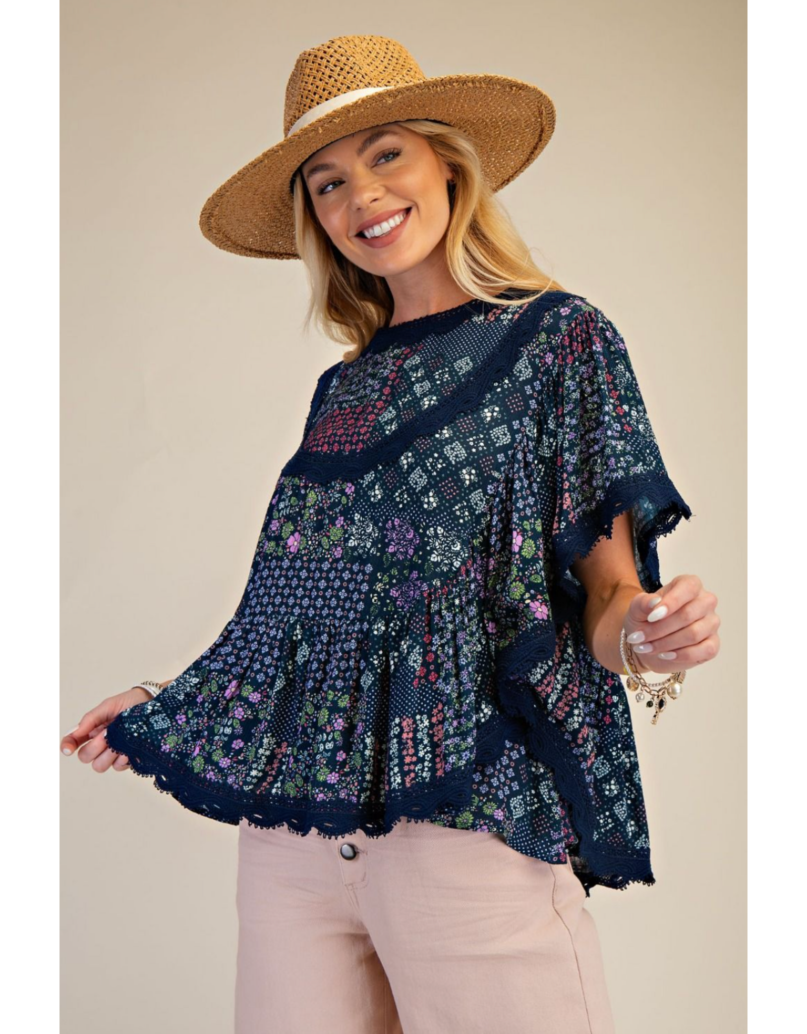 Easel Patchwork Printed Gauze Poncho Trip (Blueberry)