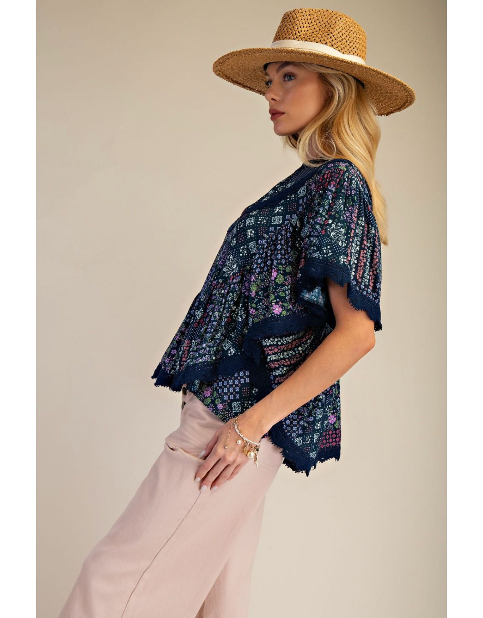 Easel Patchwork Printed Gauze Poncho Trip (Blueberry)