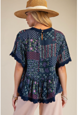Easel Patchwork Printed Gauze Poncho Trip (Blueberry)