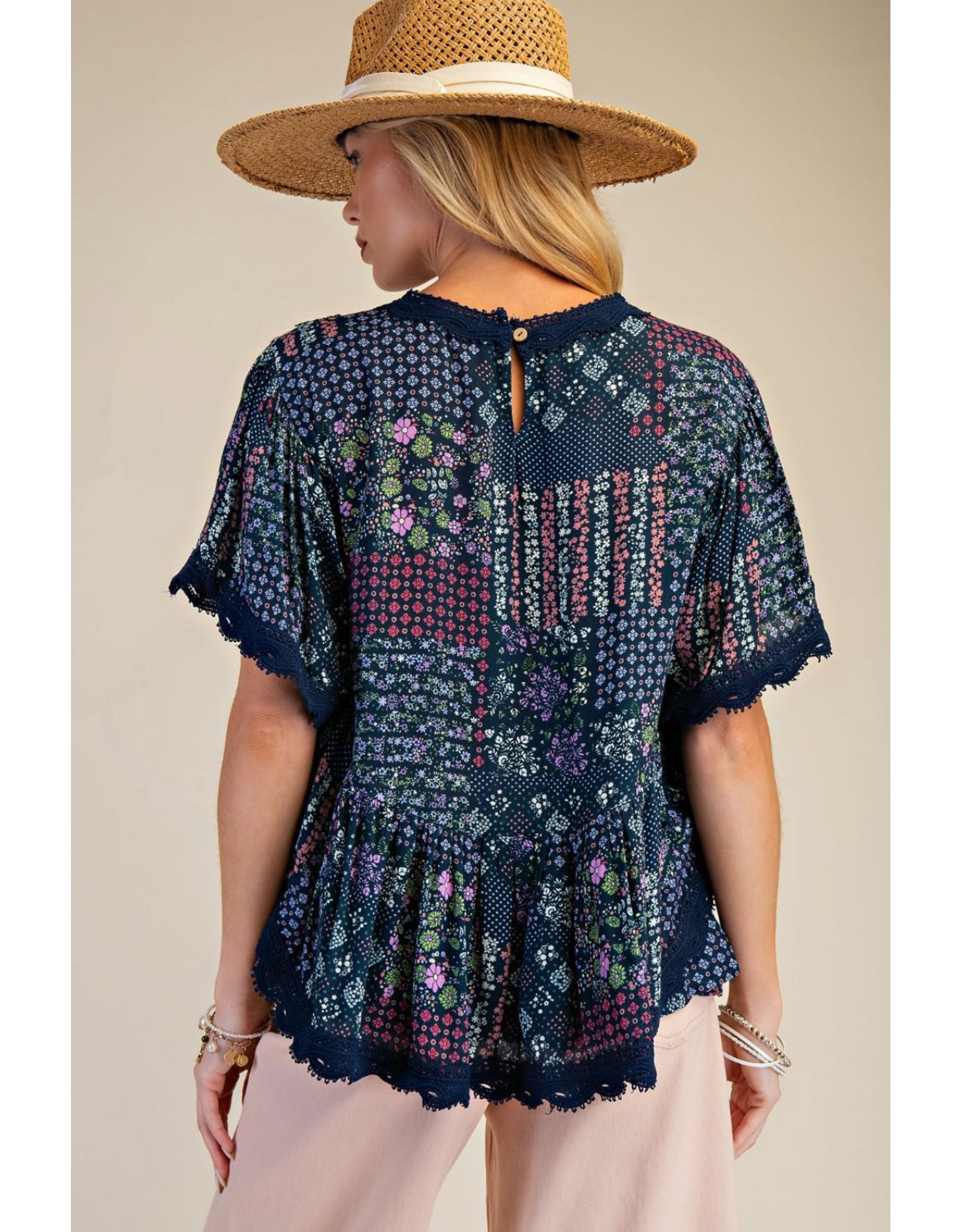 Easel Patchwork Printed Gauze Poncho Trip (Blueberry)