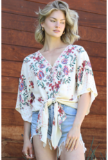 Nostalgia V Neck Tie Front Short Sleeve Top (Ivory)