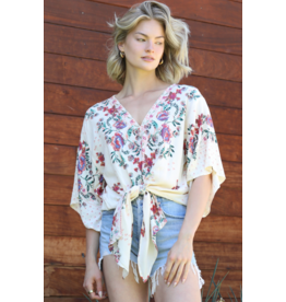 Nostalgia V Neck Tie Front Short Sleeve Top (Ivory)