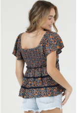 Flutter Sleeve Top with Ruffle Detail and Crochet Trim (Navy)