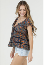 Flutter Sleeve Top with Ruffle Detail and Crochet Trim (Navy)