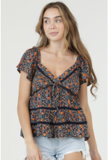 Flutter Sleeve Top with Ruffle Detail and Crochet Trim (Navy)
