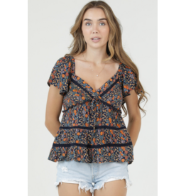 Flutter Sleeve Top with Ruffle Detail and Crochet Trim (Navy)