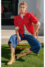 Easel Short Sleeve Plaid Button Up with Puff Sleeves (Red)