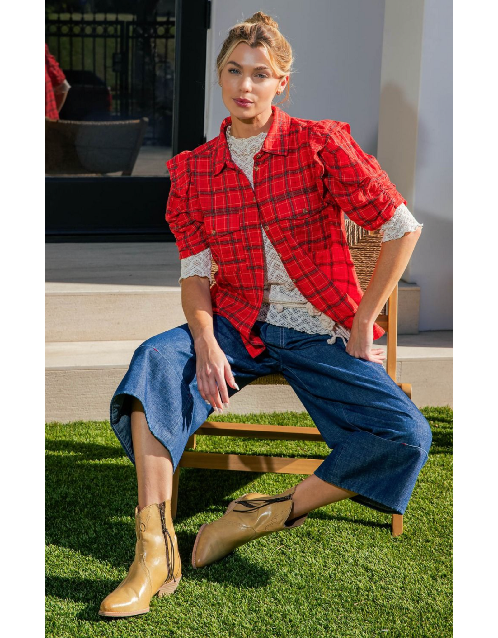 Easel Short Sleeve Plaid Button Up with Puff Sleeves (Red)