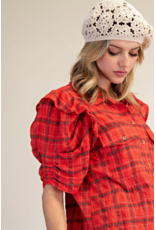 Easel Short Sleeve Plaid Button Up with Puff Sleeves (Red)
