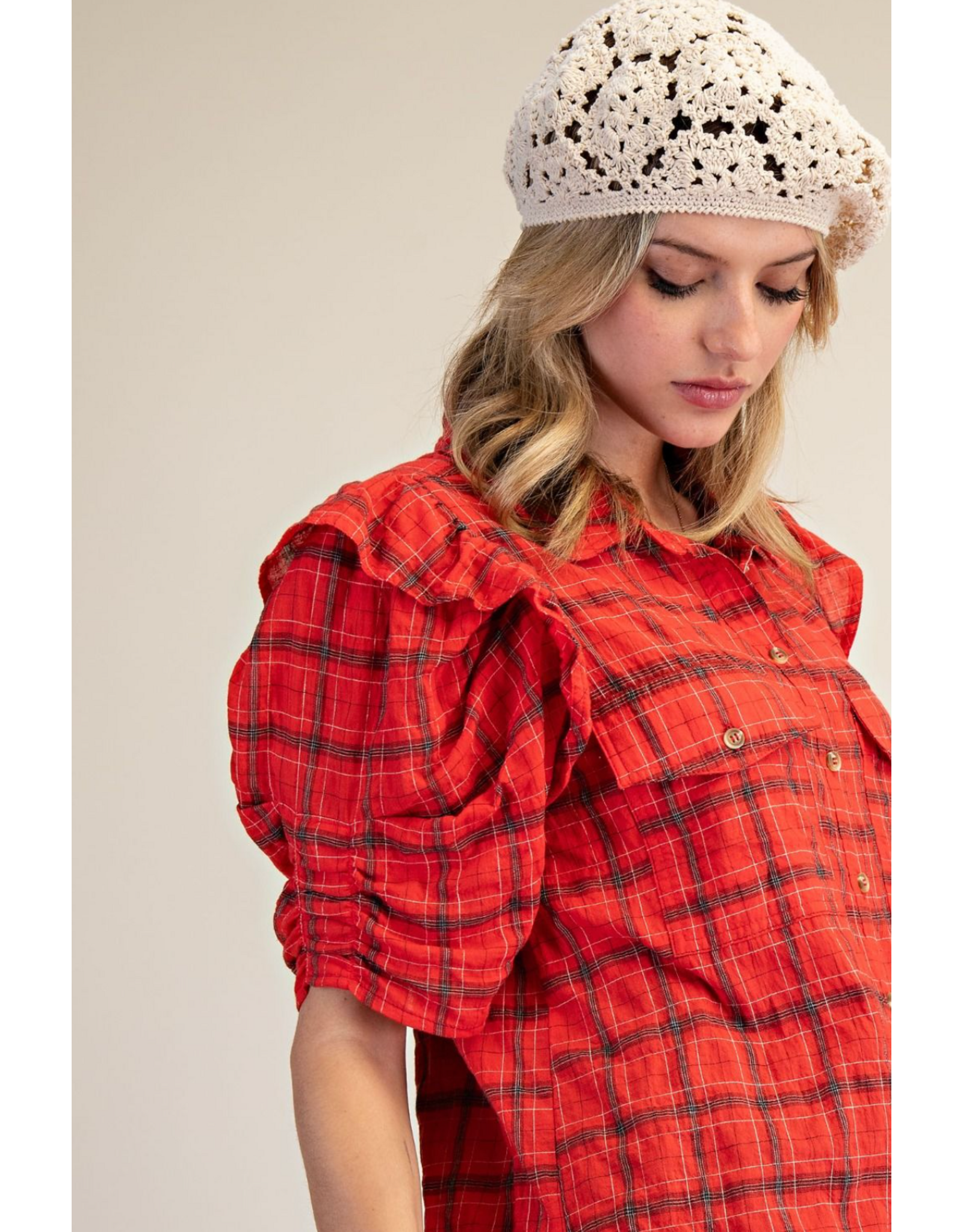 Easel Short Sleeve Plaid Button Up with Puff Sleeves (Red)