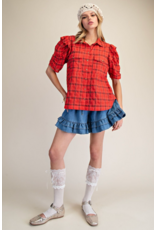 Easel Short Sleeve Plaid Button Up with Puff Sleeves (Red)