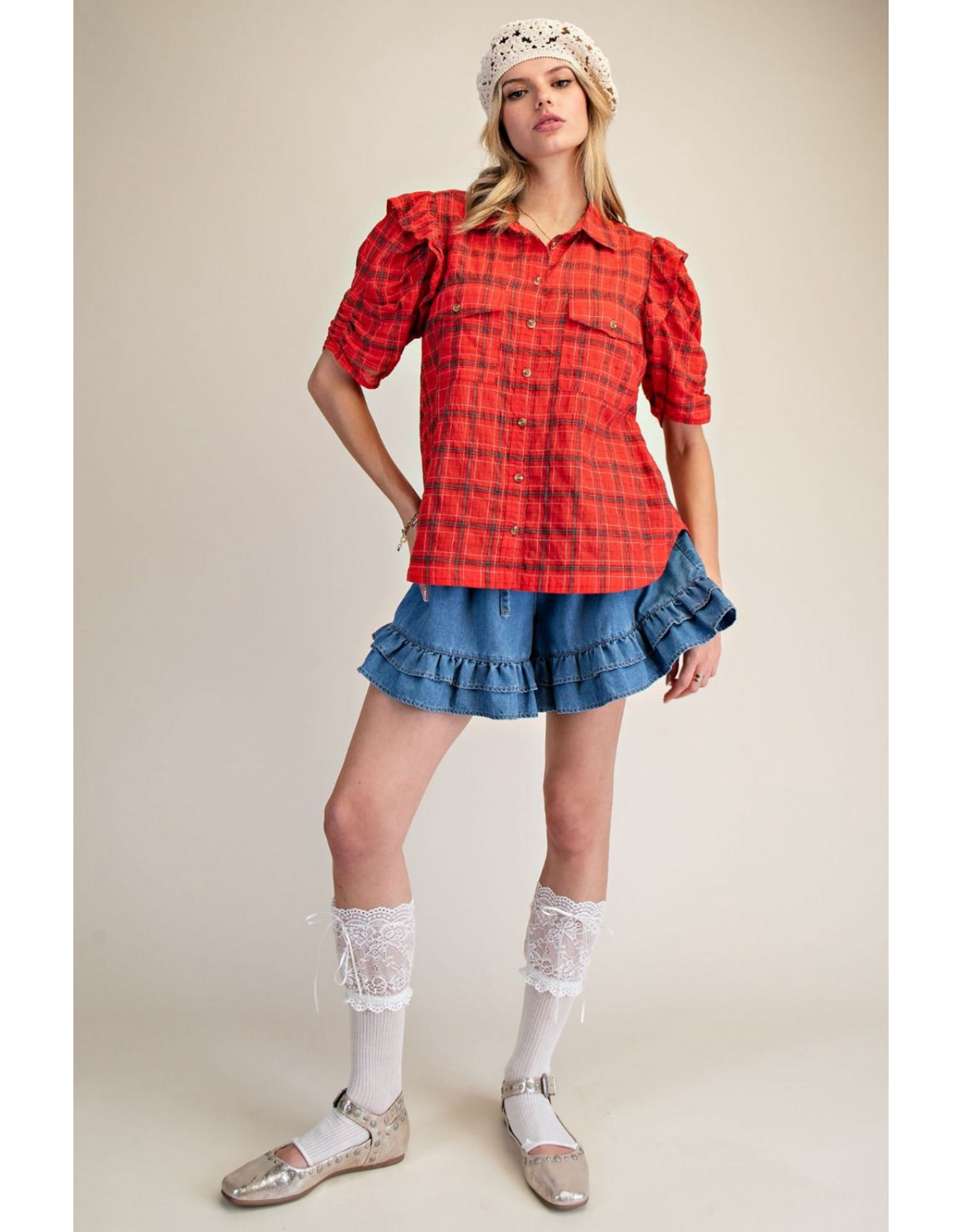 Easel Short Sleeve Plaid Button Up with Puff Sleeves (Red)