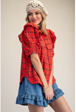 Easel Short Sleeve Plaid Button Up with Puff Sleeves (Red)