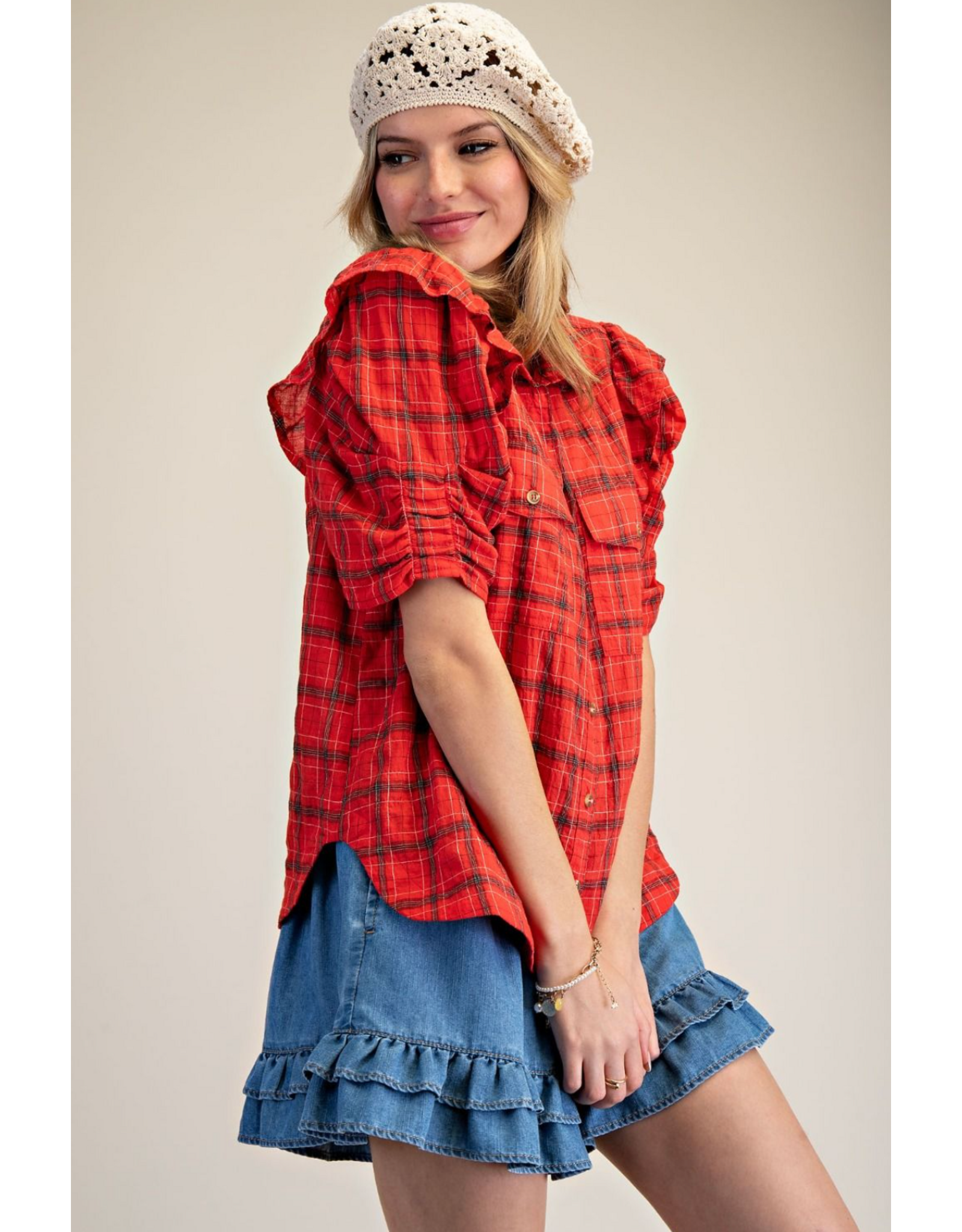 Easel Short Sleeve Plaid Button Up with Puff Sleeves (Red)