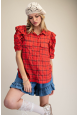 Easel Short Sleeve Plaid Button Up with Puff Sleeves (Red)