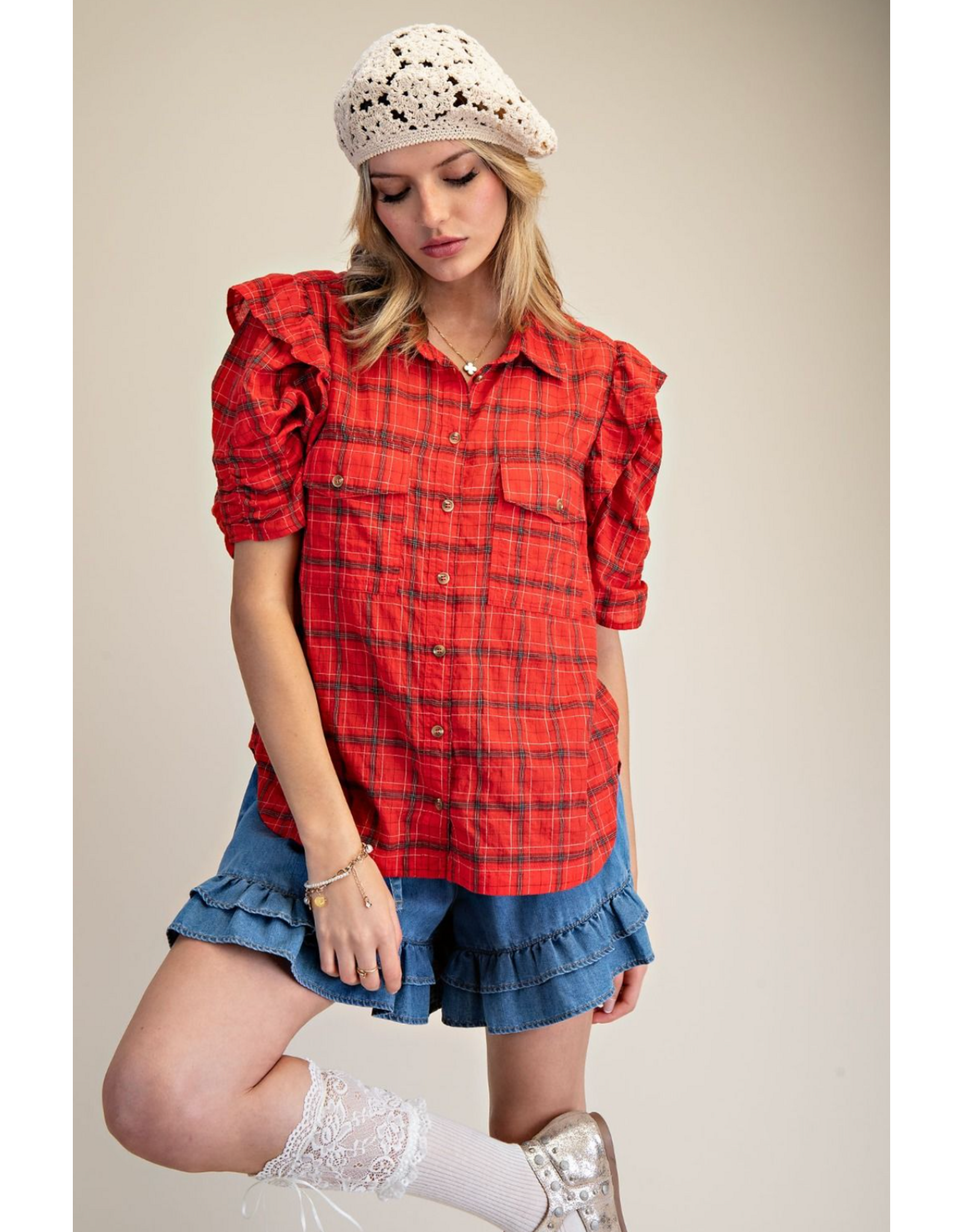 Easel Short Sleeve Plaid Button Up with Puff Sleeves (Red)
