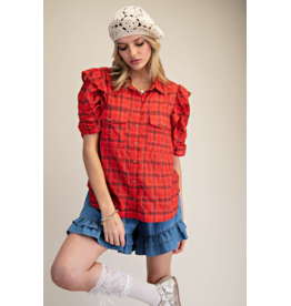 Easel Short Sleeve Plaid Button Up with Puff Sleeves (Red)