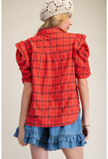 Easel Short Sleeve Plaid Button Up with Puff Sleeves (Red)