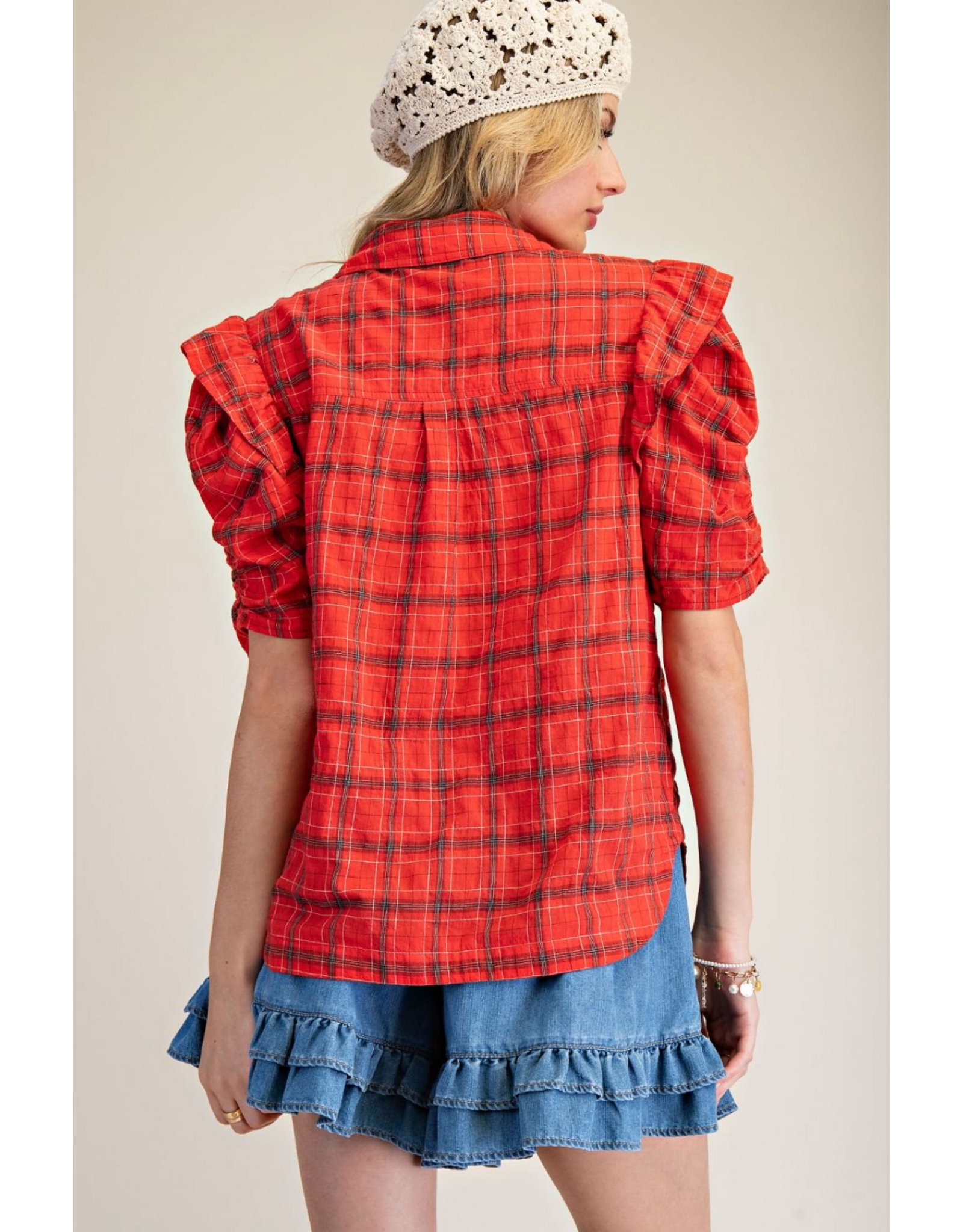 Easel Short Sleeve Plaid Button Up with Puff Sleeves (Red)