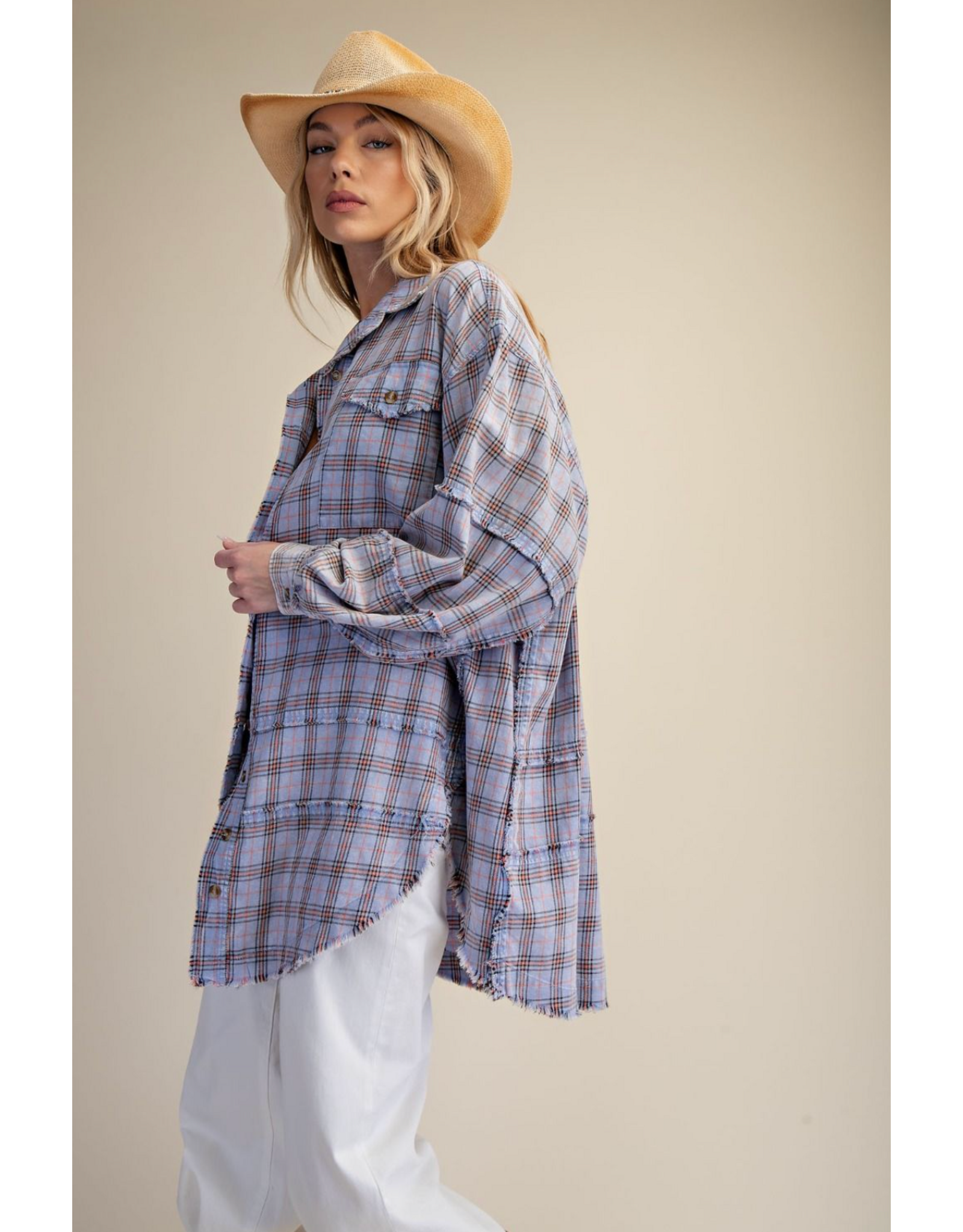 Easel Mineral Washed Plaid Shirt (Periwinkle Blue)