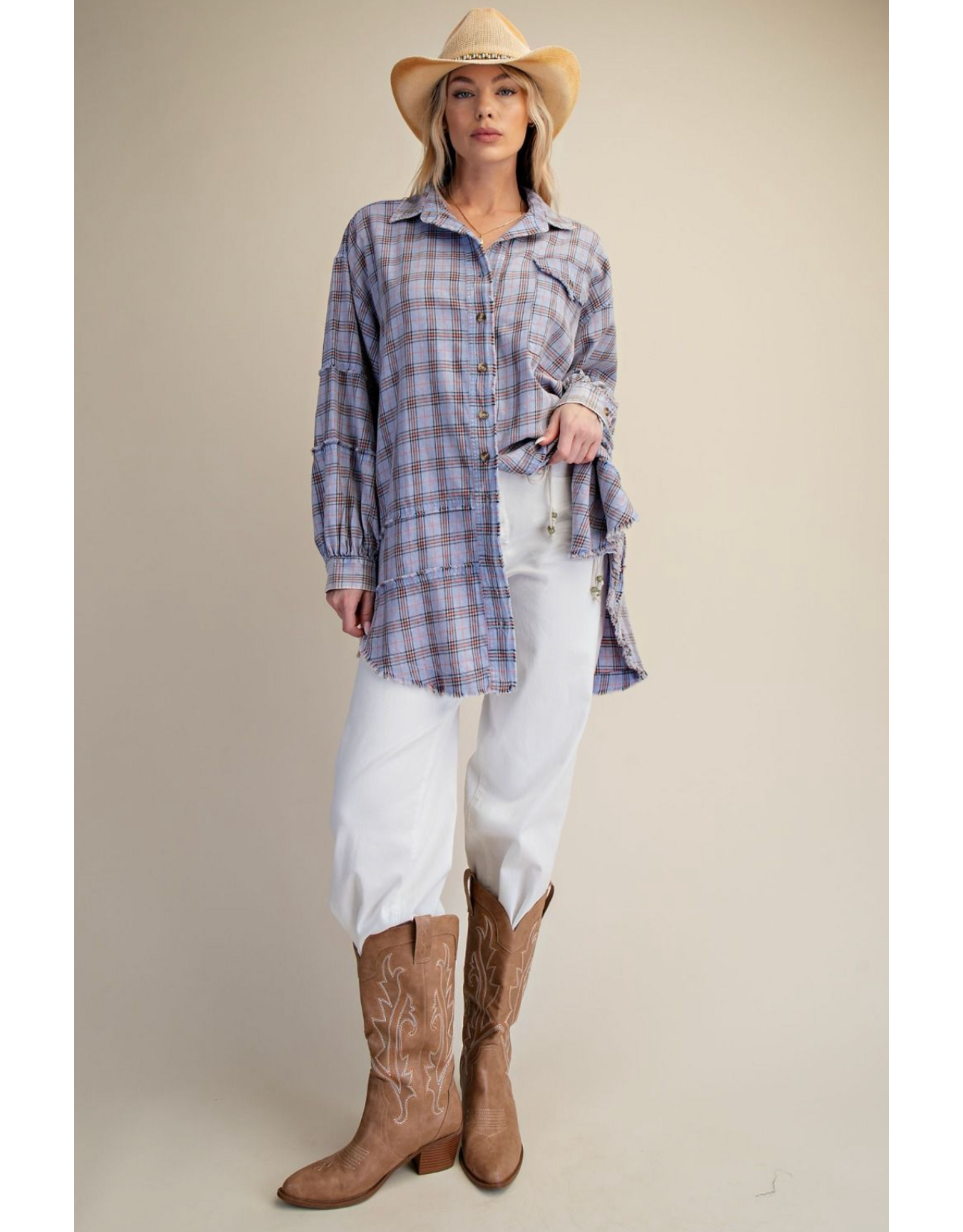 Easel Mineral Washed Plaid Shirt (Periwinkle Blue)