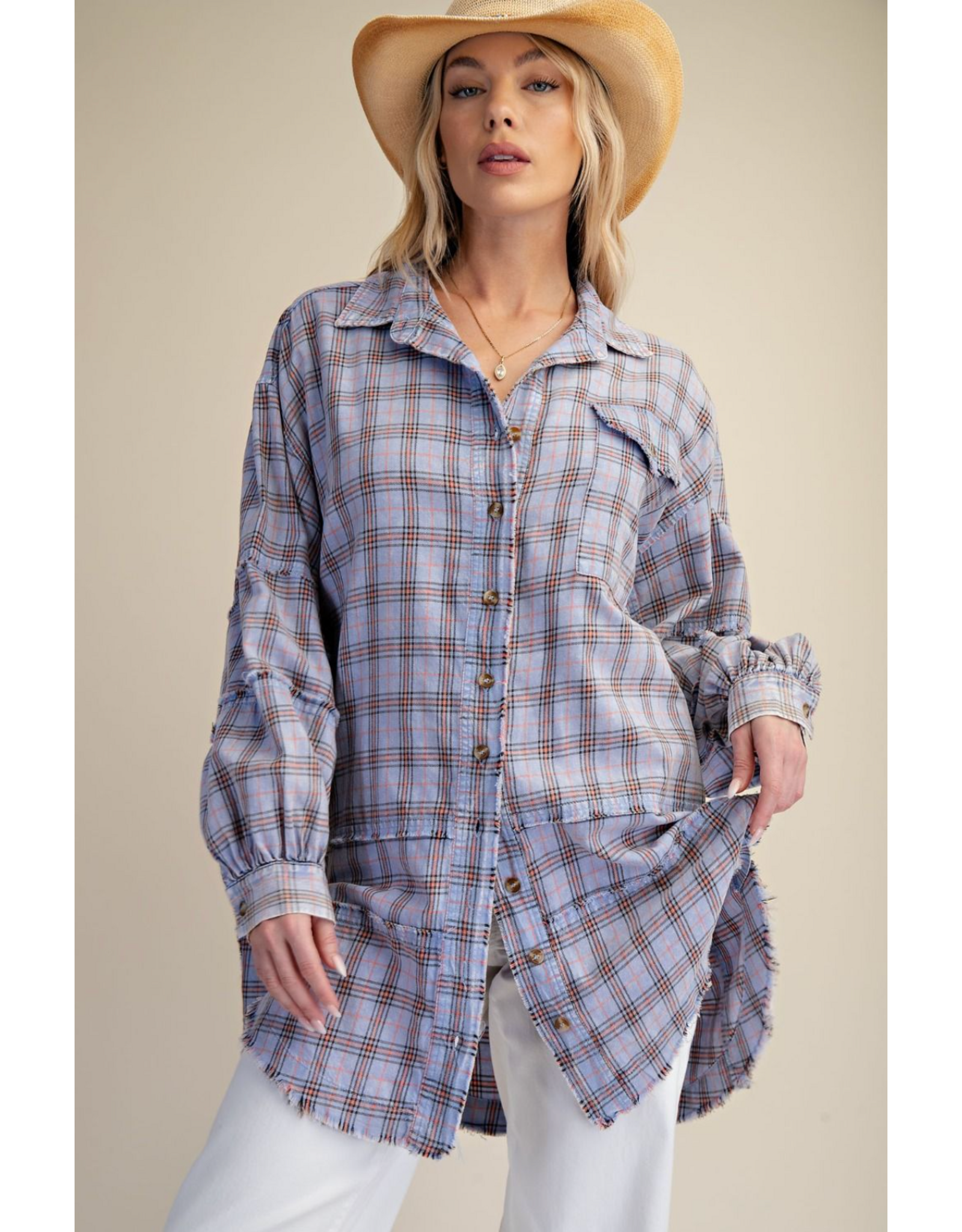 Easel Mineral Washed Plaid Shirt (Periwinkle Blue)